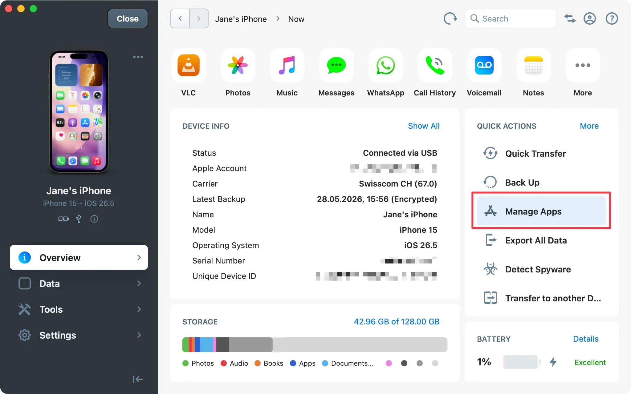 Экран устройства в iMazing, кнопка Manage Apps выделена