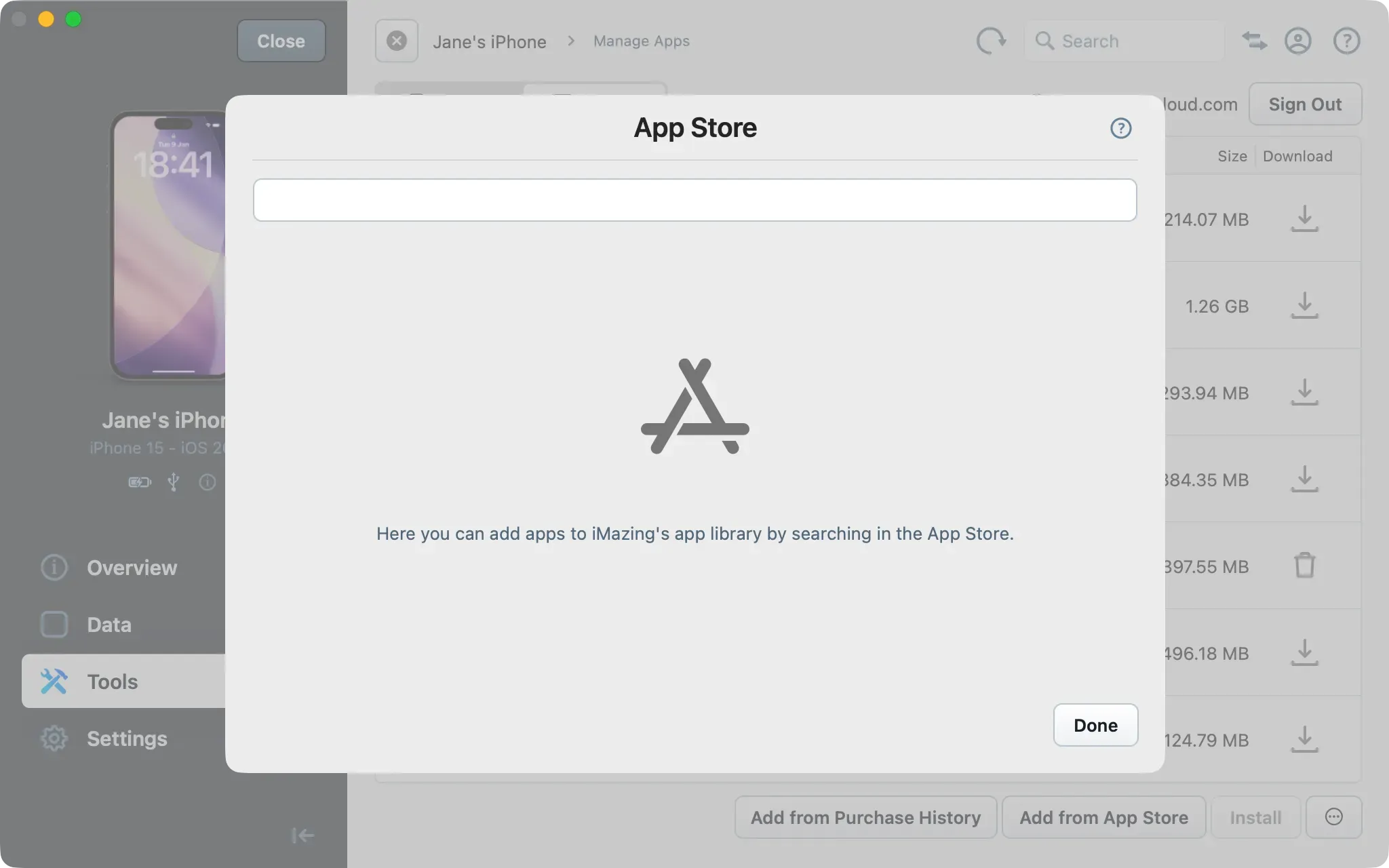Поиск и загрузка приложения из App Store в iMazing