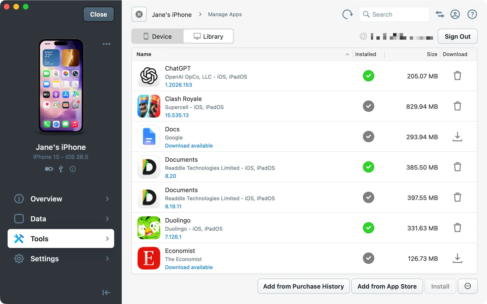 Окно Manage Apps в iMazing с вкладками Device и Library